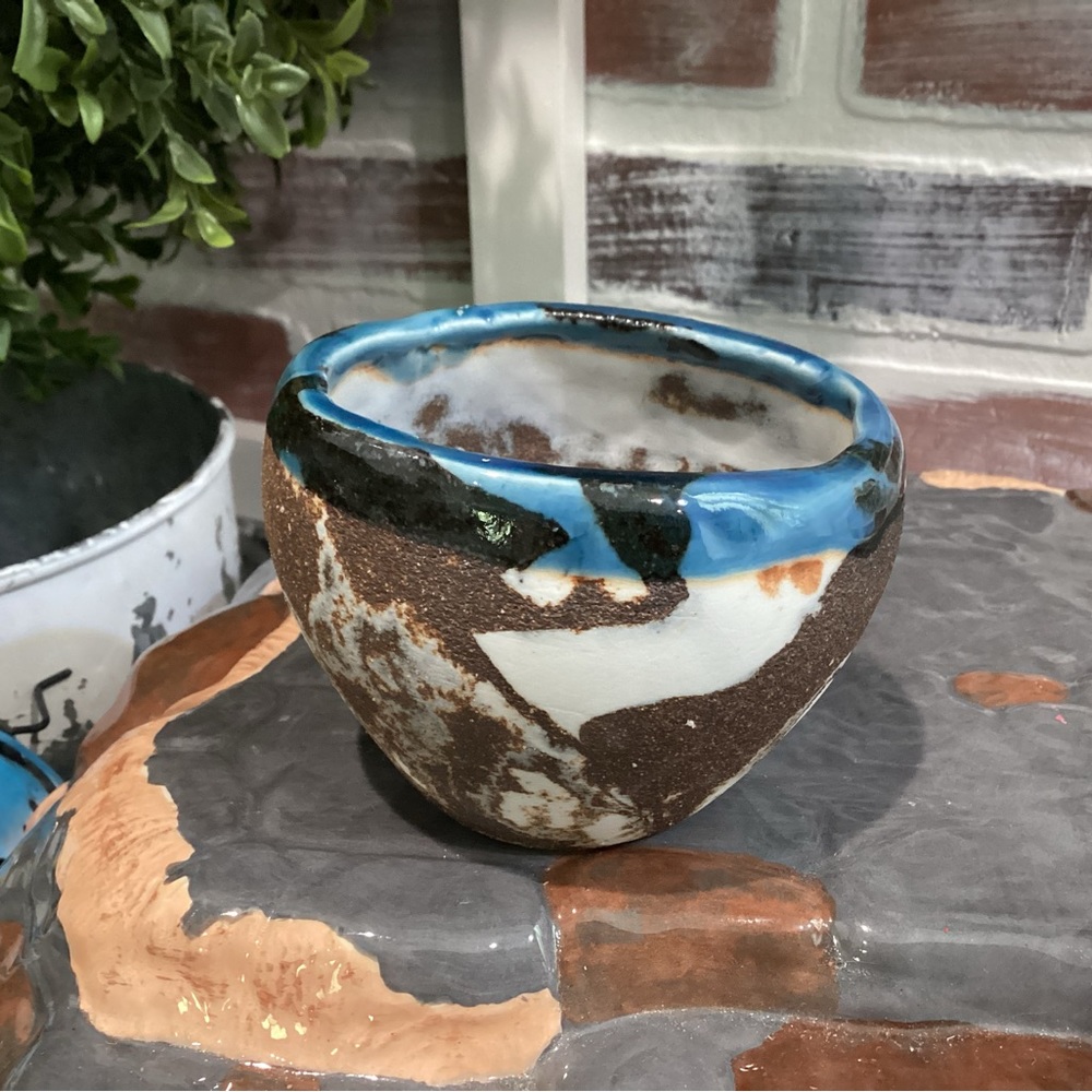 🔵 Handmade Ceramic / Pottery Crafted Bowl - Pretty Blues, Browns, White & Black - Picture 6 of 11